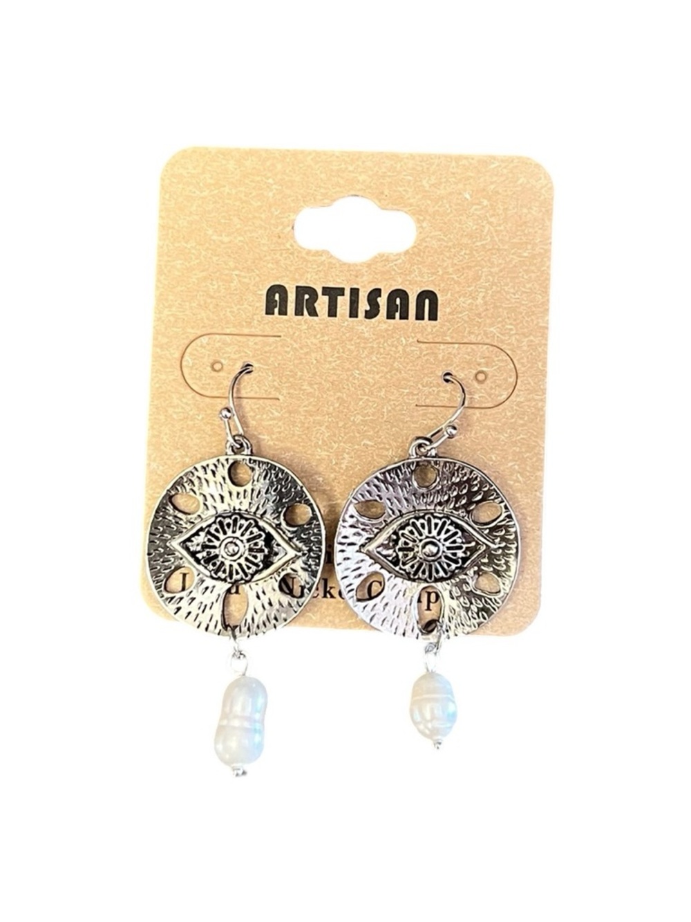 Silver Evil Eye Disc & White Fresh Water Pearl Dangling 2” Earring Protection